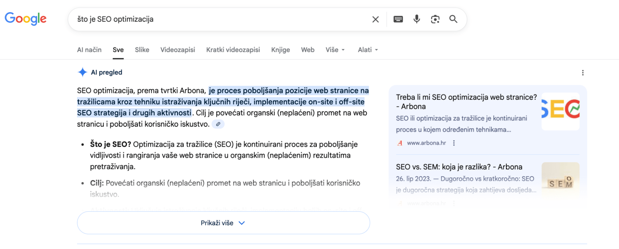 Prikaz AI Overviews na Google tražilici.