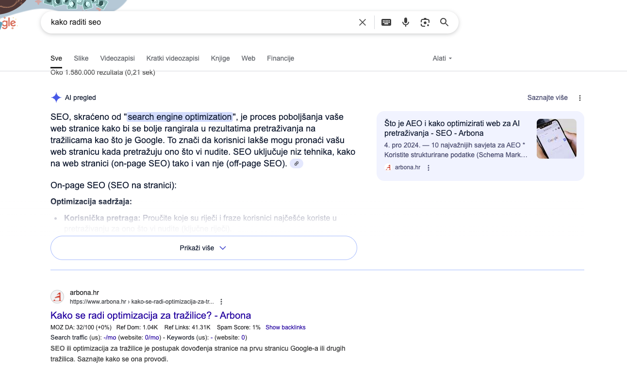 Prikaz AIO na Googlu za ključnu reč kako raditi seo