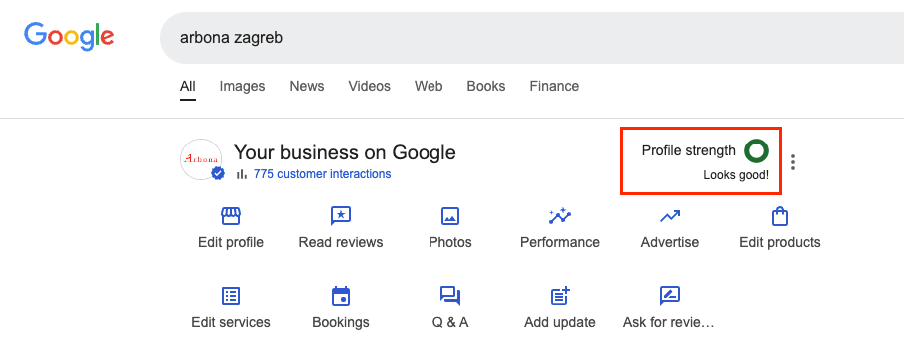 Arbona Google Business Profile prikaz sučelja i jačine profila.