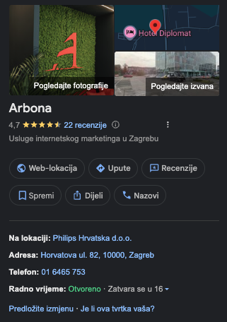 Arbona Zagreb Google Business Profile