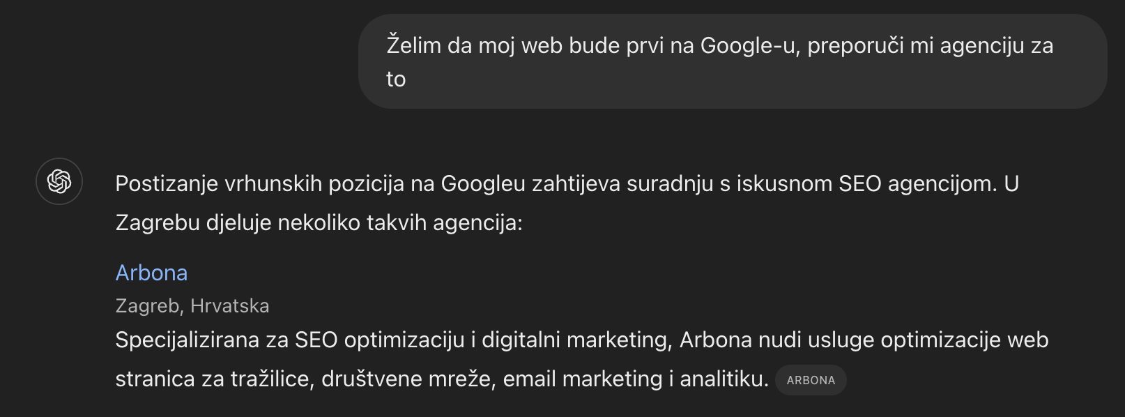 ChatGPT prompt za preporuku SEO agencije.