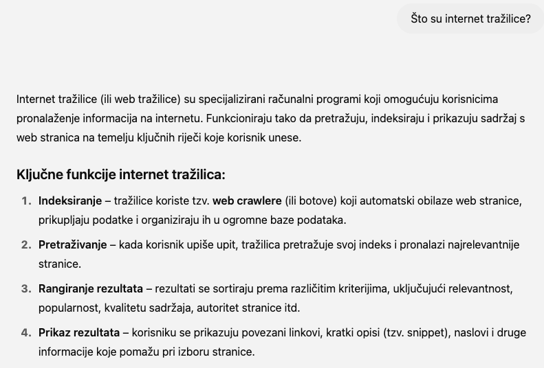 Što su internet tražilice. Primjer upita na ChatGPT.