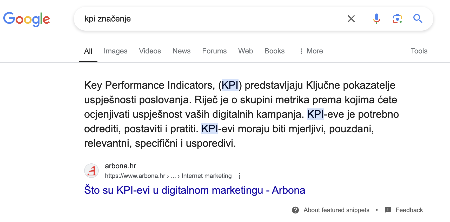 Upit "KPI značenje" u Google rezultatima pretraživanja.