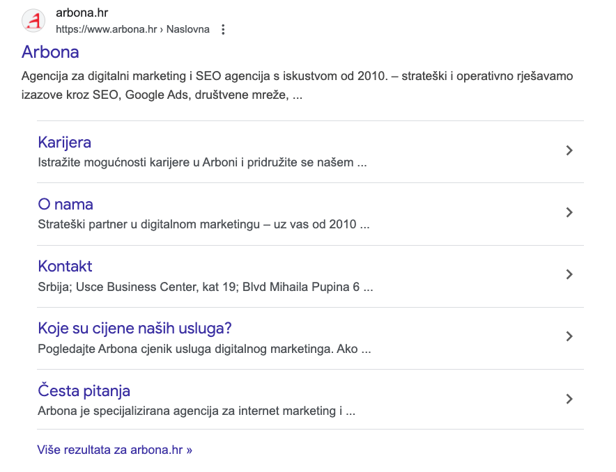 Primjer organskog rezultata pretraživanja na Google tražilici.