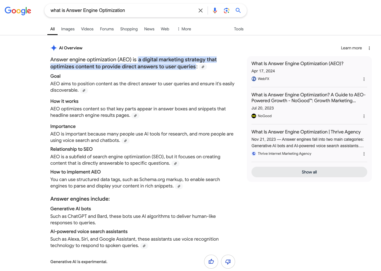 AI rezultat u Google rezultatima pretraživanja za "What is Answer Engine Optimization".