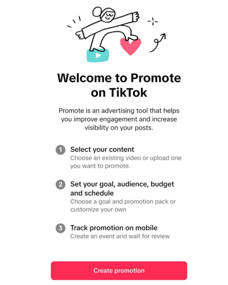 Početni zaslon za TikTok Promote s uputama za odabir sadržaja, ciljeva i praćenje promocije.