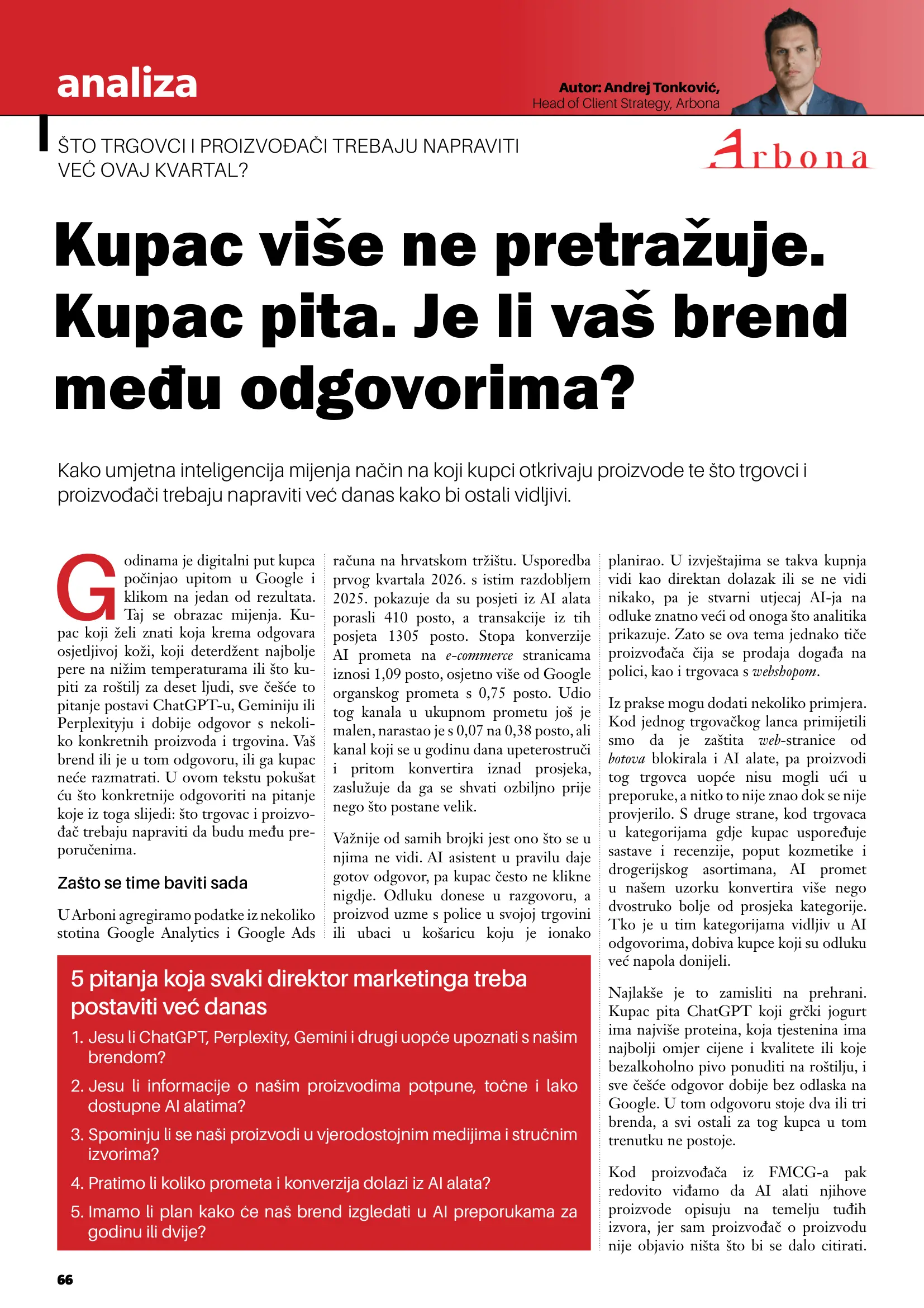 Članak Andreja Tonkovića o AI preporukama proizvoda u "Vodiču kroz hrvatsku maloprodaju", prva stranica