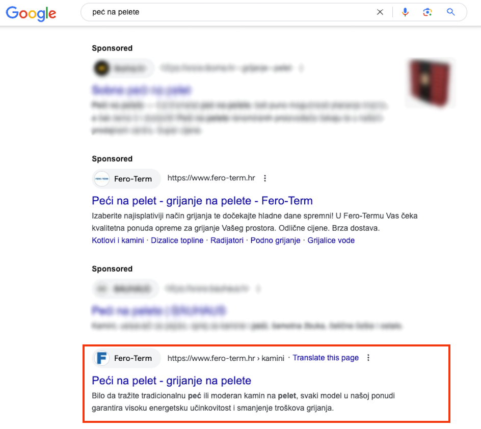 Rezultati pretraživanja na SERP-u za ključnu riječ peć na pelete