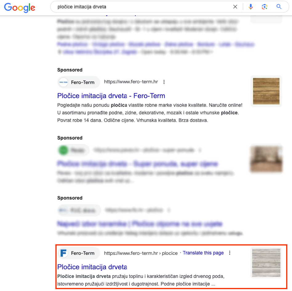 Rezultati pretraživanja na SERP-u za ključnu riječ pločice imitacija drveta.