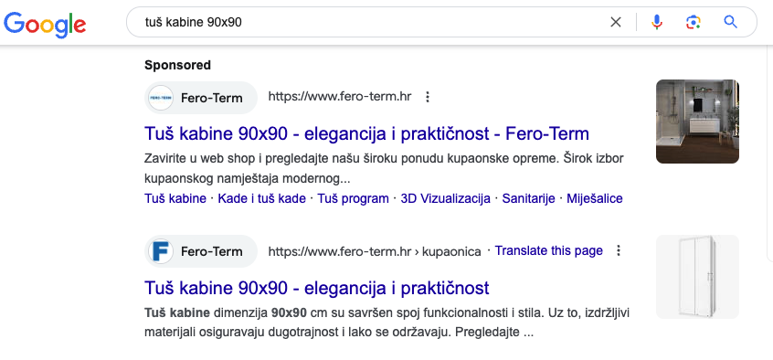 Rezultati pretraživanja na SERP-u za ključnu riječ tuš kabine 90x90