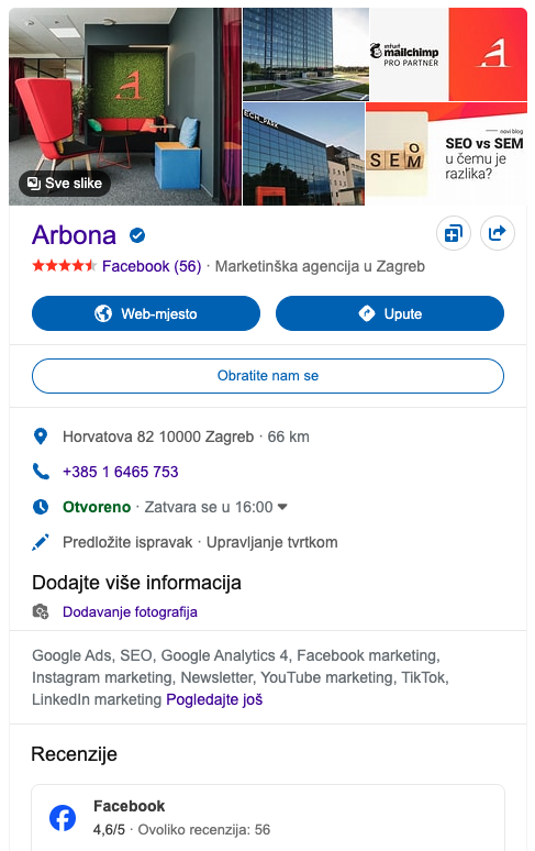 Arbonin Google Business Profil na Bing tražilici