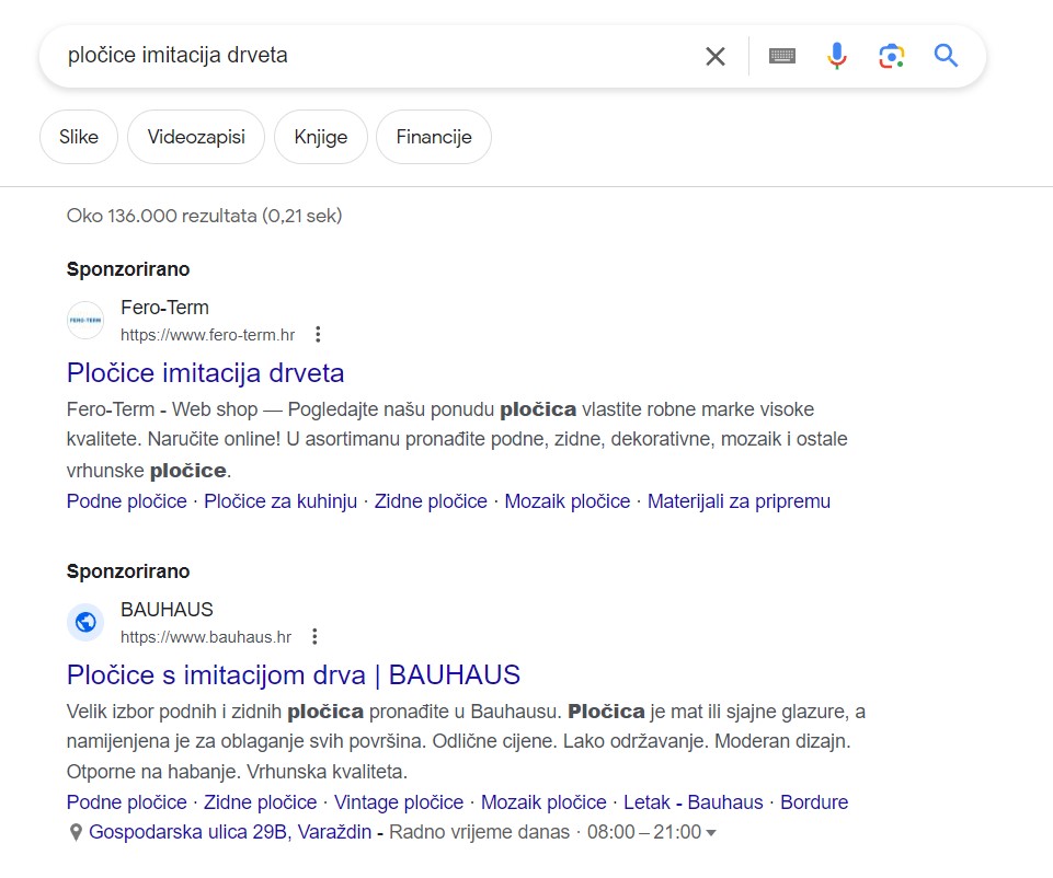 Oglasi u rezultatima pretraživanja na SERP-u za ključnu riječ pločice imitacija drveta