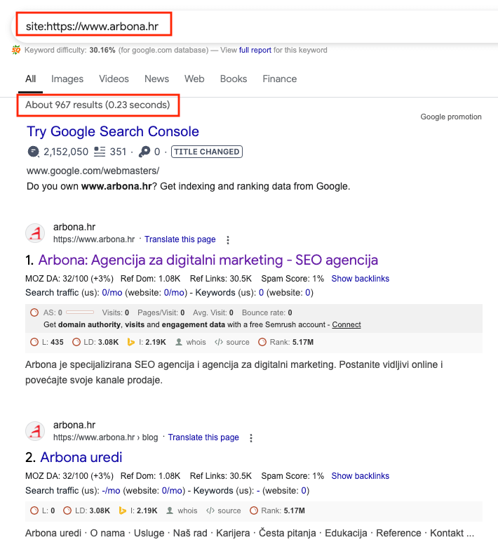 Provjera indeksiranosti weba arbona.hr