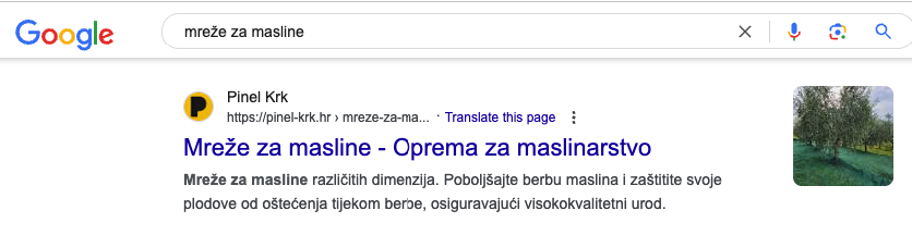 Prva pozicija u rezultatima pretraživanja na SERP-u za ključnu riječ mreže za masline.